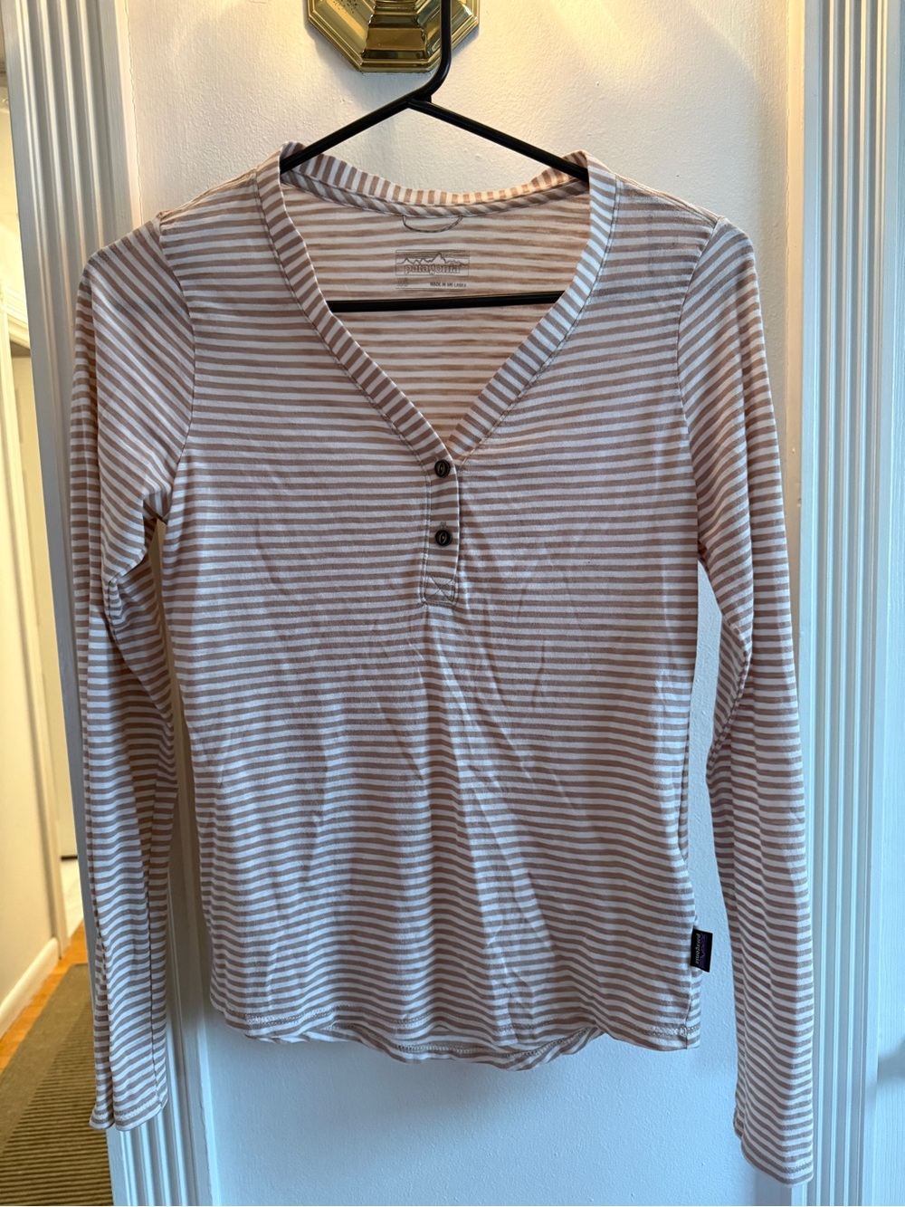 Women Patagonia Beige and White Striped Long-Sleeve Henley Tee Shirt